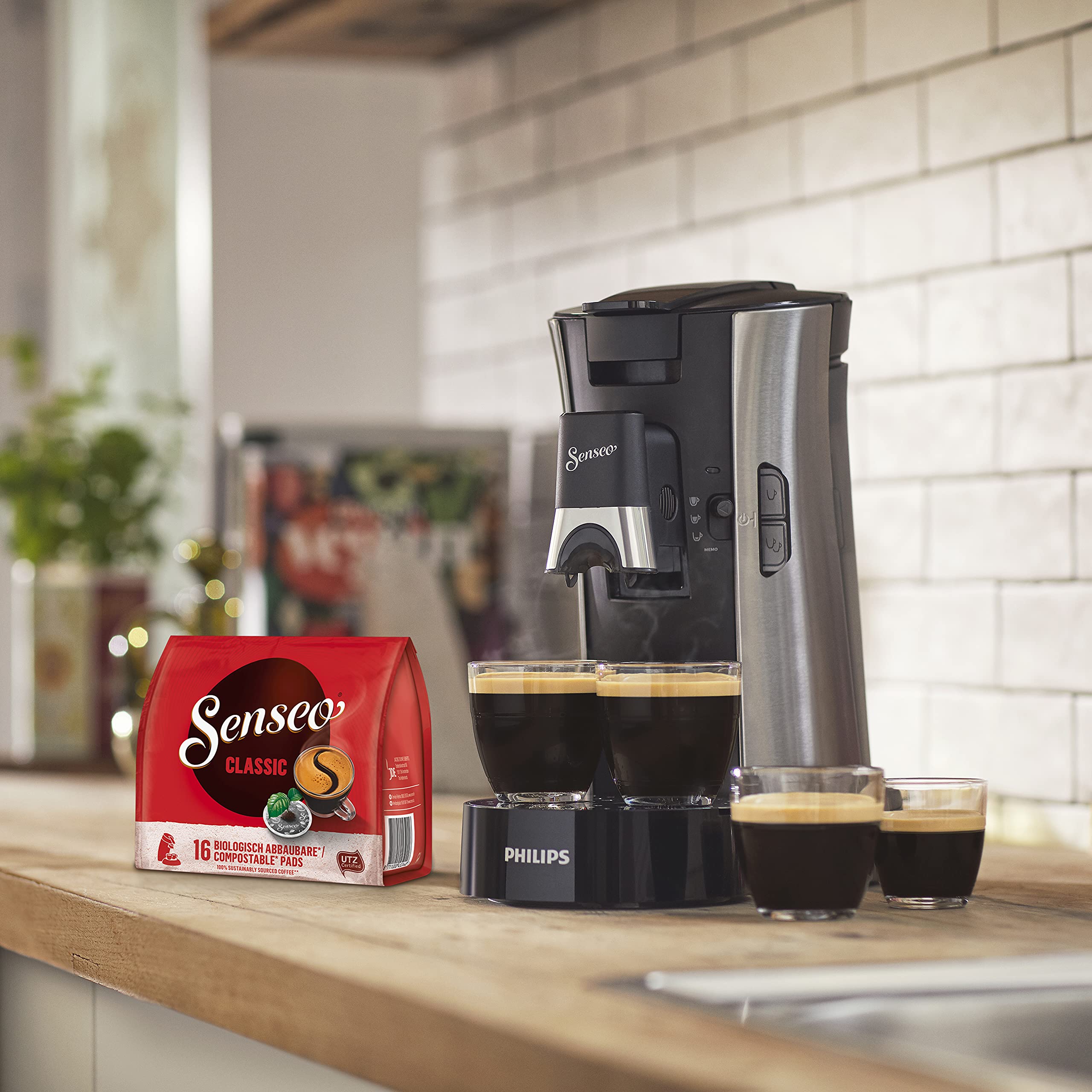 SENSEO Premium Eco-Friendly Café Dosettes – Intensity Plus – Crema Plus – Function Memo - Acier Brossé (CSA250/10)